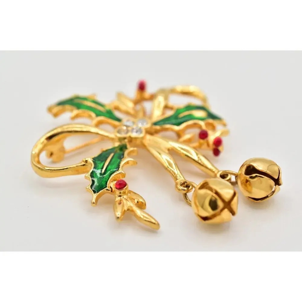 Vintage Christmas Pin Brooch Bell Holly Berry Green Red Enamel Gold 1980s BinAL